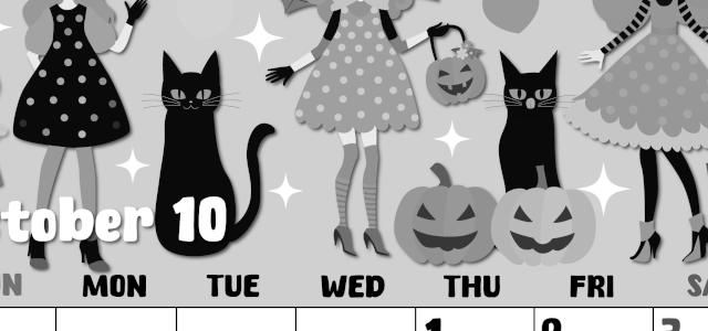 2026年10月縦型モノクロの日曜始まり  ポップなイラストのかわいいA4無料白黒カレンダー(2026-00481010)