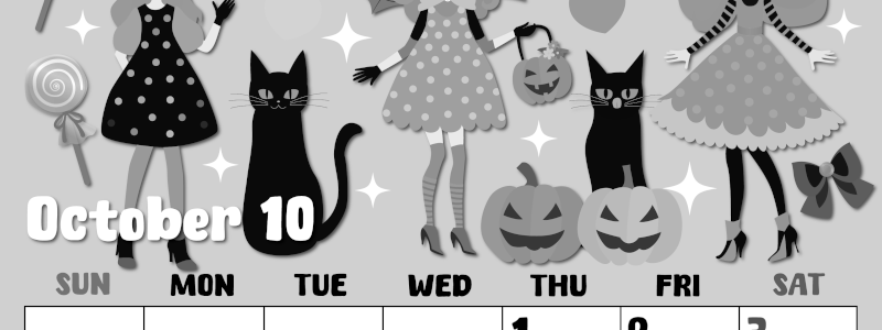 2026年10月縦型モノクロの日曜始まり  ポップなイラストのかわいいA4無料白黒カレンダー(2026-00481010)