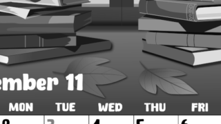 2026年11月縦型モノクロの日曜始まり 本イラストのかわいいA4無料白黒カレンダー(2026-00481110)