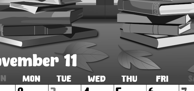 2026年11月縦型モノクロの日曜始まり 本イラストのかわいいA4無料白黒カレンダー(2026-00481110)