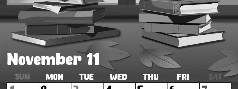 2026年11月縦型モノクロの日曜始まり 本イラストのかわいいA4無料白黒カレンダー(2026-00481110)