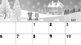 2026年1月横型モノクロの月曜始まり イラストのかわいいA4無料白黒カレンダー(2026-00480101)