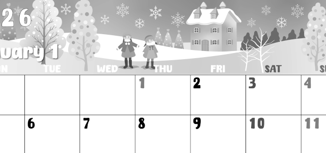 2026年1月横型モノクロの月曜始まり イラストのかわいいA4無料白黒カレンダー(2026-00480101)