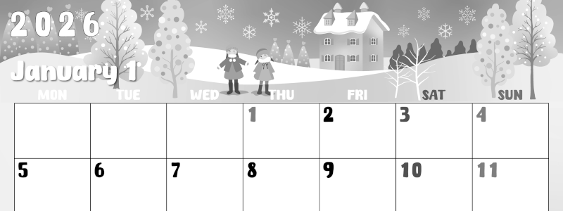 2026年1月横型モノクロの月曜始まり イラストのかわいいA4無料白黒カレンダー(2026-00480101)