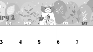 2026年2月横型モノクロの月曜始まり イラストのかわいいA4無料白黒カレンダー(2026-00480201)