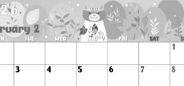 2026年2月横型モノクロの月曜始まり イラストのかわいいA4無料白黒カレンダー(2026-00480201)