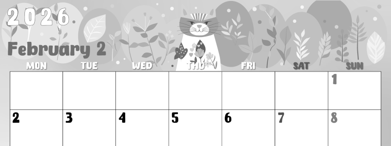 2026年2月横型モノクロの月曜始まり イラストのかわいいA4無料白黒カレンダー(2026-00480201)