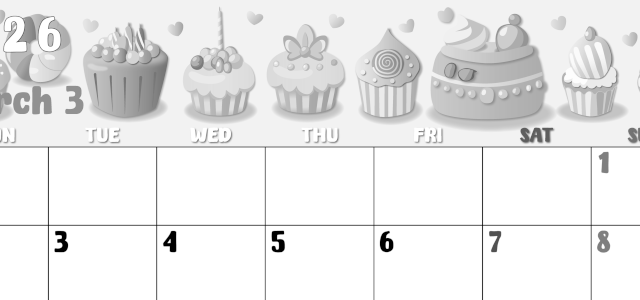 2026年3月横型モノクロの月曜始まり イラストのかわいいA4無料白黒カレンダー(2026-00480301)