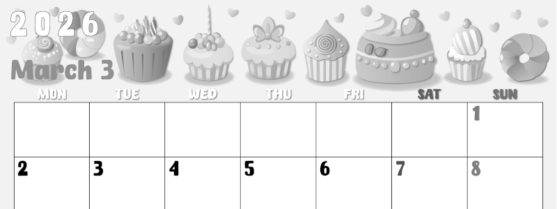 2026年3月横型モノクロの月曜始まり イラストのかわいいA4無料白黒カレンダー(2026-00480301)