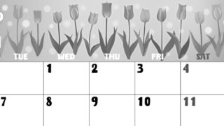 2026年4月横型モノクロの月曜始まり チューリップイラストのかわいいA4無料白黒カレンダー(2026-00480401)