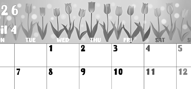 2026年4月横型モノクロの月曜始まり チューリップイラストのかわいいA4無料白黒カレンダー(2026-00480401)