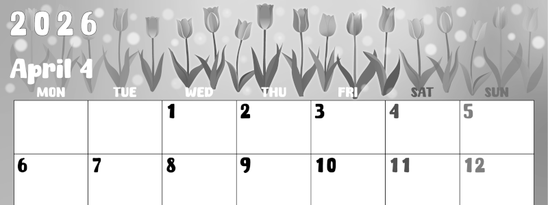 2026年4月横型モノクロの月曜始まり チューリップイラストのかわいいA4無料白黒カレンダー(2026-00480401)