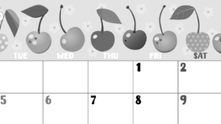 2026年5月横型モノクロの月曜始まり サクランボイラストのかわいいA4無料白黒カレンダー(2026-00480501)