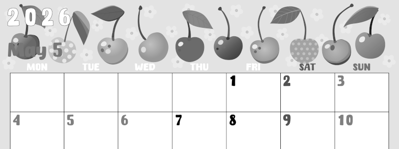 2026年5月横型モノクロの月曜始まり サクランボイラストのかわいいA4無料白黒カレンダー(2026-00480501)