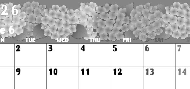 2026年6月横型モノクロの月曜始まり アジサイイラストのかわいいA4無料白黒カレンダー(2026-00480601)