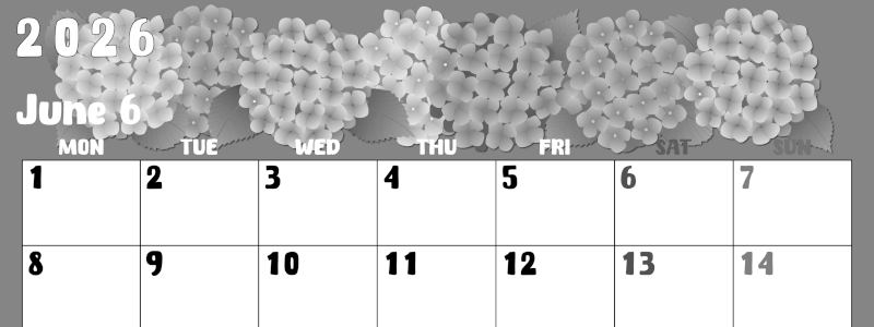 2026年6月横型モノクロの月曜始まり アジサイイラストのかわいいA4無料白黒カレンダー(2026-00480601)