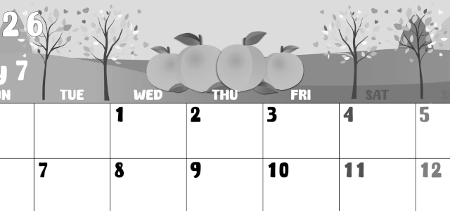 2026年7月横型モノクロの月曜始まり 桃イラストのかわいいA4無料白黒カレンダー(2026-00480701)