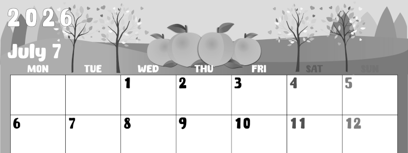 2026年7月横型モノクロの月曜始まり 桃イラストのかわいいA4無料白黒カレンダー(2026-00480701)