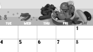 2026年8月横型モノクロの月曜始まり 野菜イラストのかわいいA4無料白黒カレンダー(2026-00480801)