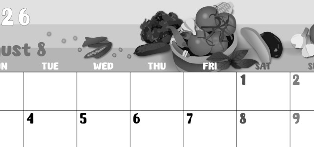 2026年8月横型モノクロの月曜始まり 野菜イラストのかわいいA4無料白黒カレンダー(2026-00480801)