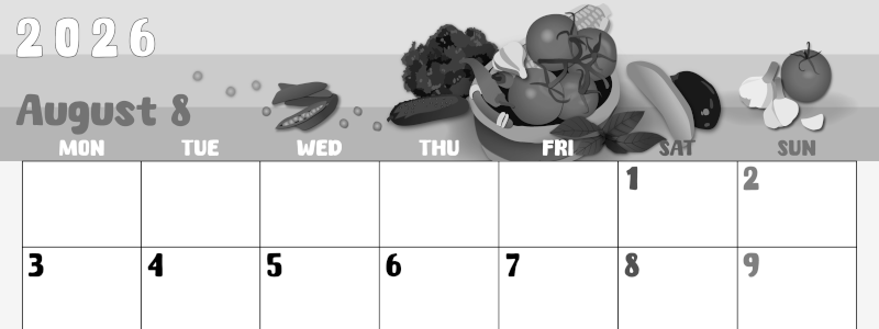 2026年8月横型モノクロの月曜始まり 野菜イラストのかわいいA4無料白黒カレンダー(2026-00480801)