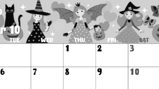 2026年10月横型モノクロの月曜始まり ポップなイラストのかわいいA4無料白黒カレンダー(2026-00481001)