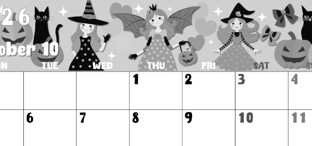 2026年10月横型モノクロの月曜始まり ポップなイラストのかわいいA4無料白黒カレンダー(2026-00481001)