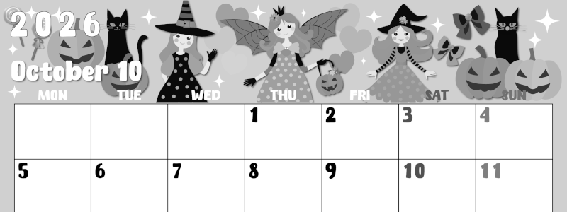 2026年10月横型モノクロの月曜始まり ポップなイラストのかわいいA4無料白黒カレンダー(2026-00481001)