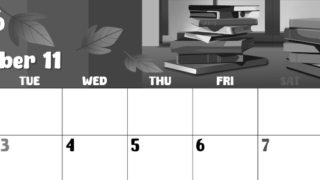 2026年11月横型モノクロの月曜始まり 本イラストのかわいいA4無料白黒カレンダー(2026-00481101)