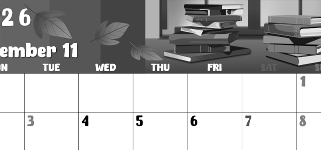 2026年11月横型モノクロの月曜始まり 本イラストのかわいいA4無料白黒カレンダー(2026-00481101)