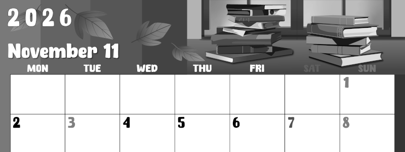 2026年11月横型モノクロの月曜始まり 本イラストのかわいいA4無料白黒カレンダー(2026-00481101)