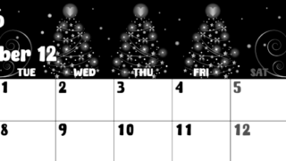 2026年12月横型モノクロの月曜始まり ツリーイラストのかわいいA4無料白黒カレンダー(2026-00481201)