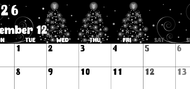 2026年12月横型モノクロの月曜始まり ツリーイラストのかわいいA4無料白黒カレンダー(2026-00481201)