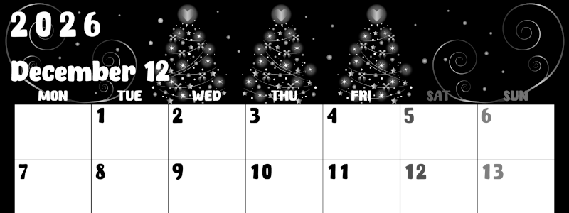 2026年12月横型モノクロの月曜始まり ツリーイラストのかわいいA4無料白黒カレンダー(2026-00481201)