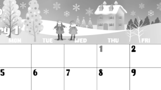 2026年1月横型モノクロの日曜始まり イラストのかわいいA4無料白黒カレンダー(2026-00480100)