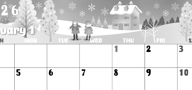 2026年1月横型モノクロの日曜始まり イラストのかわいいA4無料白黒カレンダー(2026-00480100)