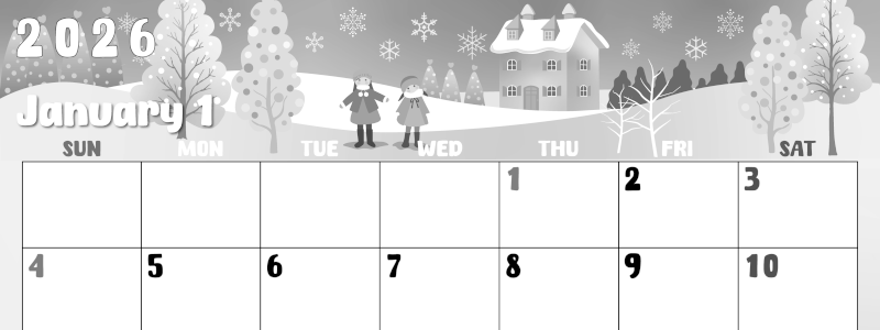 2026年1月横型モノクロの日曜始まり イラストのかわいいA4無料白黒カレンダー(2026-00480100)
