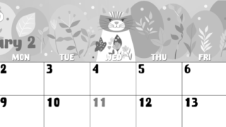 2026年2月横型モノクロの日曜始まり イラストのかわいいA4無料白黒カレンダー(2026-00480200)