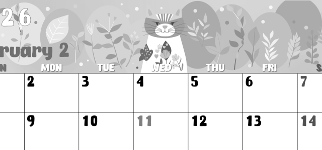 2026年2月横型モノクロの日曜始まり イラストのかわいいA4無料白黒カレンダー(2026-00480200)