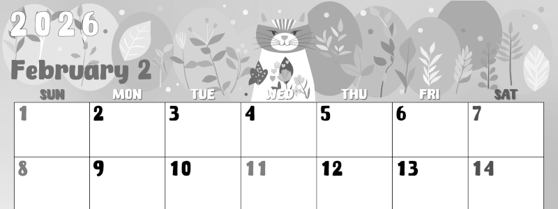 2026年2月横型モノクロの日曜始まり イラストのかわいいA4無料白黒カレンダー(2026-00480200)