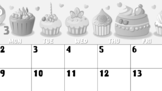 2026年3月横型モノクロの日曜始まり イラストのかわいいA4無料白黒カレンダー(2026-00480300)