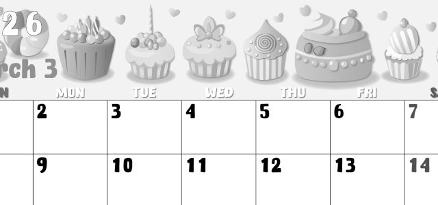 2026年3月横型モノクロの日曜始まり イラストのかわいいA4無料白黒カレンダー(2026-00480300)