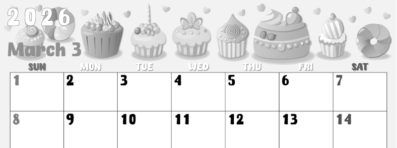 2026年3月横型モノクロの日曜始まり イラストのかわいいA4無料白黒カレンダー(2026-00480300)