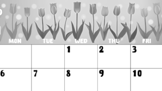 2026年4月横型モノクロの日曜始まり チューリップイラストのかわいいA4無料白黒カレンダー(2026-00480400)