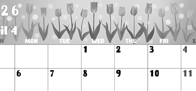2026年4月横型モノクロの日曜始まり チューリップイラストのかわいいA4無料白黒カレンダー(2026-00480400)