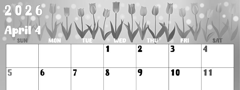 2026年4月横型モノクロの日曜始まり チューリップイラストのかわいいA4無料白黒カレンダー(2026-00480400)
