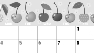 2026年5月横型モノクロの日曜始まり サクランボイラストのかわいいA4無料白黒カレンダー(2026-00480500)