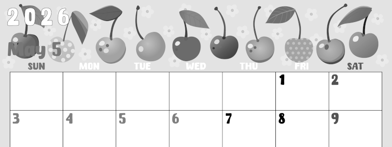 2026年5月横型モノクロの日曜始まり サクランボイラストのかわいいA4無料白黒カレンダー(2026-00480500)