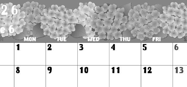 2026年6月横型モノクロの日曜始まり アジサイイラストのかわいいA4無料白黒カレンダー(2026-00480600)