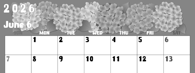 2026年6月横型モノクロの日曜始まり アジサイイラストのかわいいA4無料白黒カレンダー(2026-00480600)